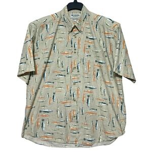 Columbia Mens Large Short Sleeve Fish Print Button Down Shirt Tan Cotton